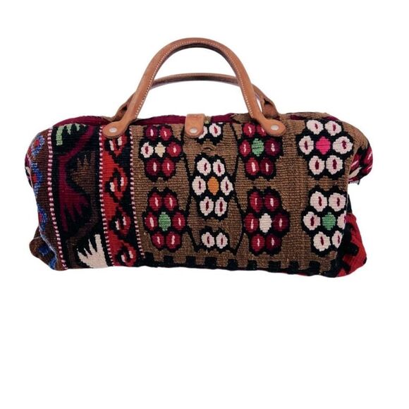 The Elephant Walk Bag Leather Fabric Red Brown Hand Crafted - Picture 5 of 7